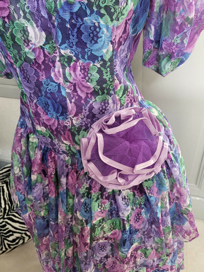 Kitch robe atypique violette vert dentelle jupon T38 Lina Innocenti ref port