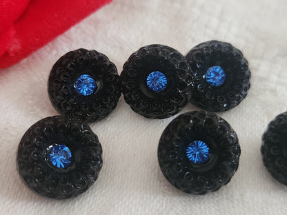 Lot 6 boutons vintage en verre noir avec strass bleu 1,3 cm ref 6364