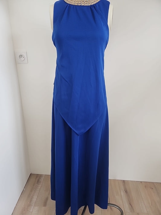 Pur vintage robe ancienne bleu col doré et perlé taille 36/38 ? ref portant