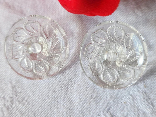 Duo boutons anciens en verre transparent ciselé fleur 1,9 cm D12E