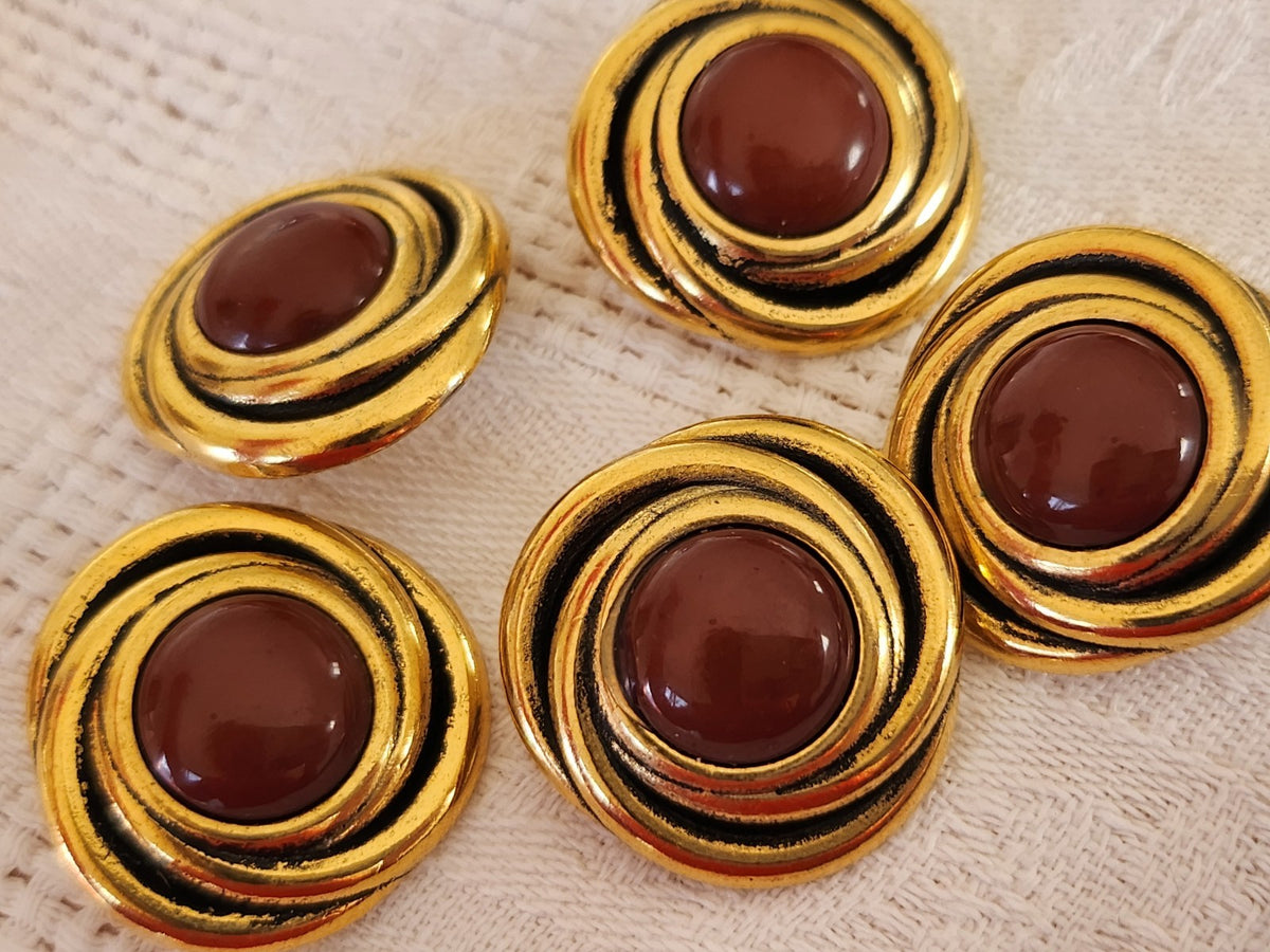 Lot 5 gros boutons vintage  métal doré marron lourd 2,4 cm 24 mm ref 0014