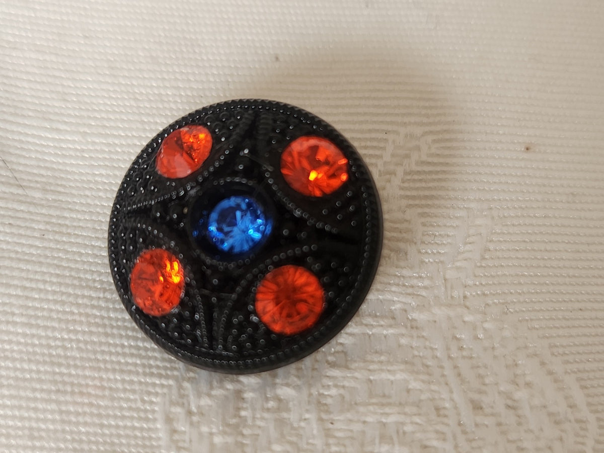 Bouton ancien en verre noir avec strass orange bleu vintage  1,8 cm D18A