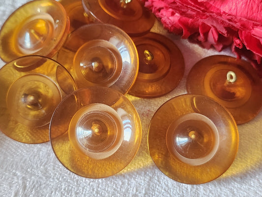 Lot 6 gros boutons anciens marron transparents pied métal 2,7 cm ref 5133