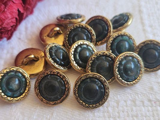 Lot 6 mini boutons vintage en métal coeur vert/gris  pied 1,1 cm ref 560