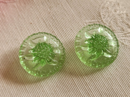 Duo boutons anciens en verre vintage fleur vert 1,8 cm ou 18 mm G7G