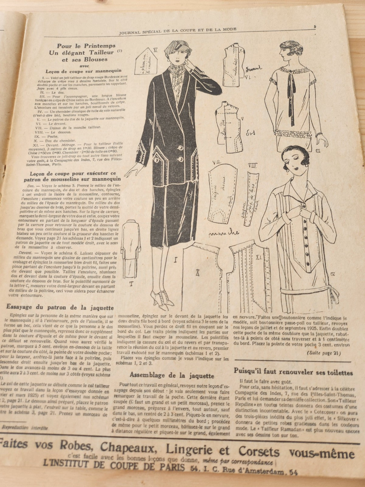 Journal de l'institut de coupe de paris année folle mode Fevrier 1926 patron