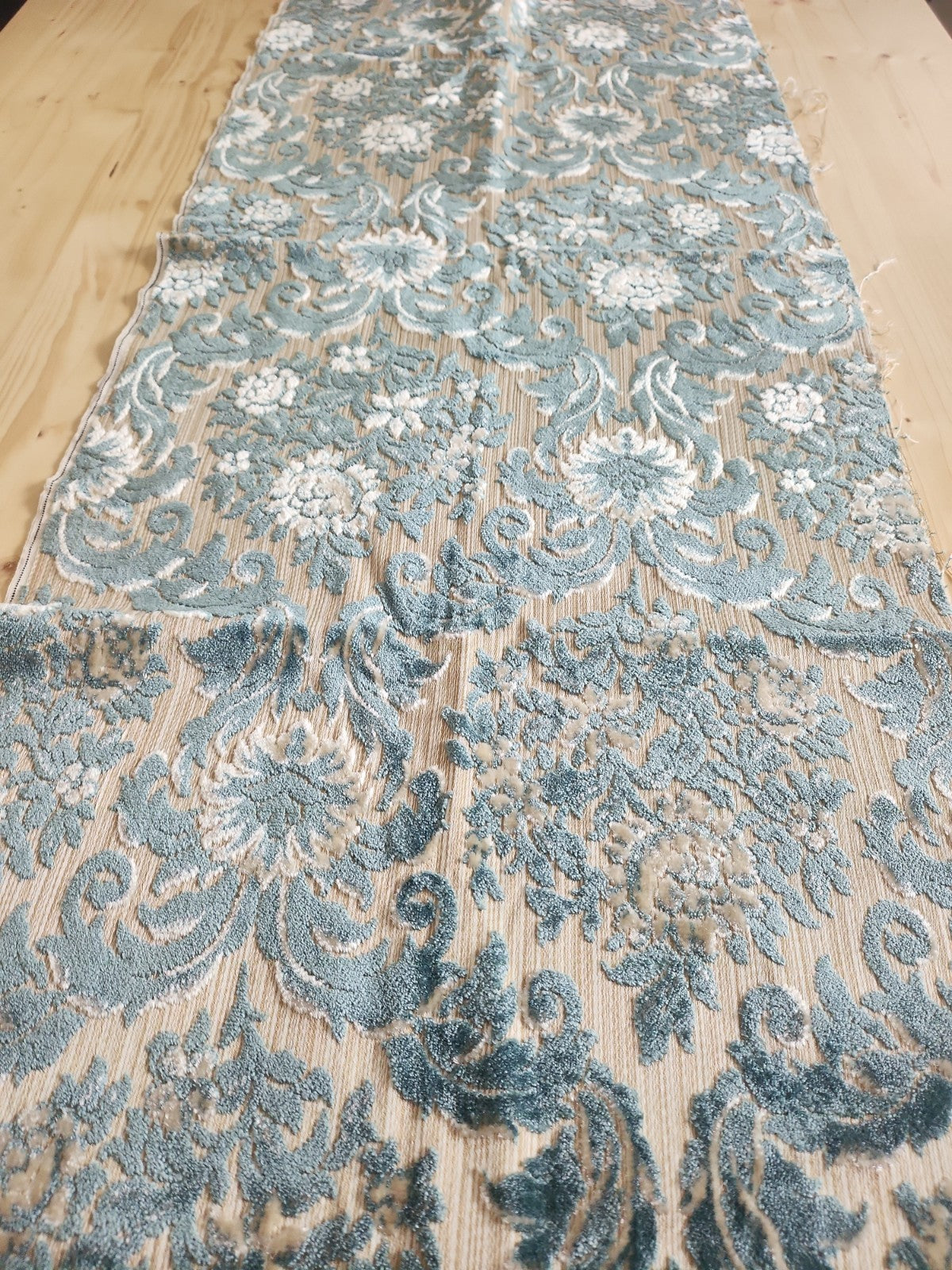 Ancien coupon de tissu tapisserie bleu écru fauteuil 133 sur 50 cm B4