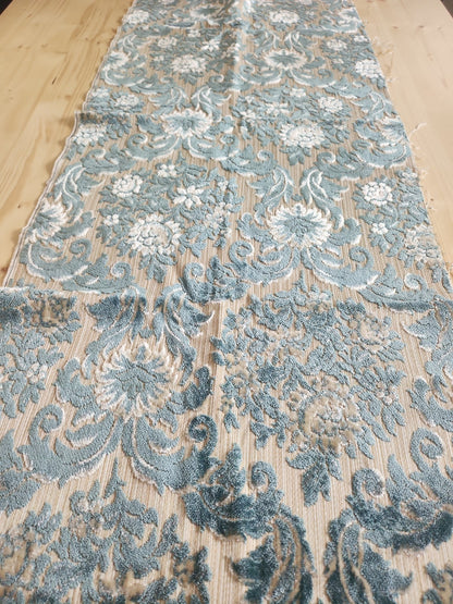 Ancien coupon de tissu tapisserie bleu écru fauteuil 133 sur 50 cm B4