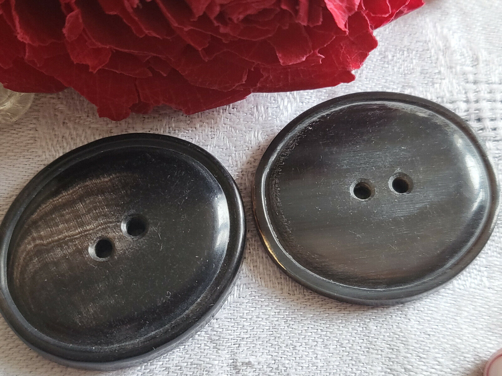 Duo gros boutons anciens ovale  en corne sombre 3,6 cm ref  383