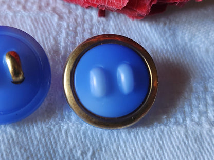 Duo boutons  en verre bleu ombragé  doré 1,7 cm vintage D7O