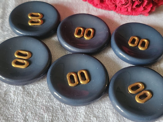 Lot 6 gros boutons vintage bleu large passants doré 3,3 cm manteaux ref 4840