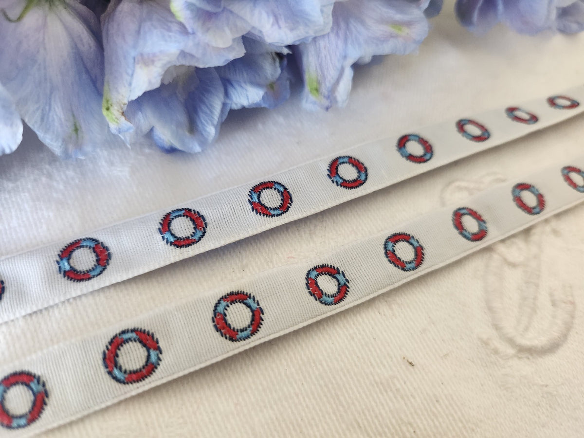 Galon vintage theme mer/ marin bouée tissé blanc bleu 3 mètres sur 1 cm A3