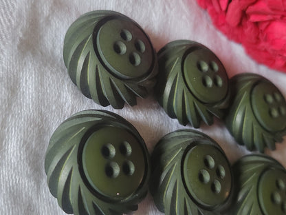 Lot 6 boutons vintage vert mat volumineux 2,6 cm à trous ref 3200
