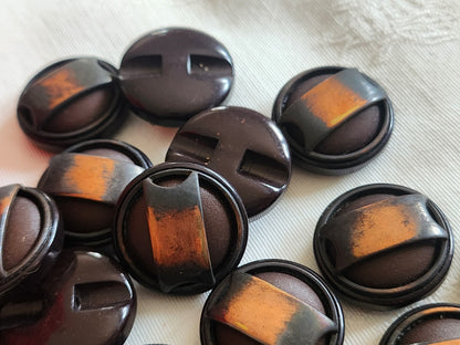 Lot 6 boutons vintage marron rehaussé de metal cuivré 2,4 cm ref 6394