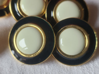 Lot 6 gros boutons vintage en metal émaillé creme noir 2,7 cm lourd ref 1348