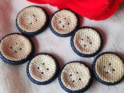 Lot 7 boutons anciens en rafia bleu passementerie 2 et 2,3 cm ref 3561
