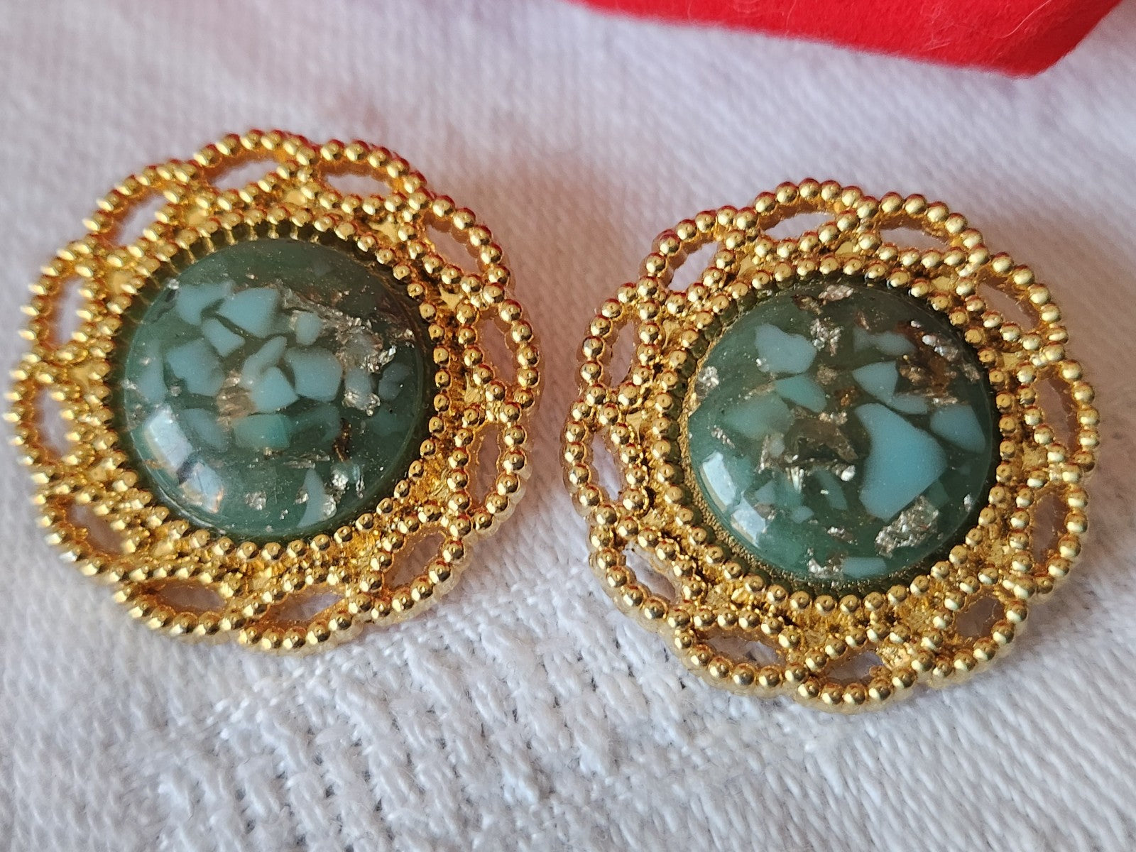 Duo boutons vintage metal coeur bleu moucheté 2,3 cm G17M