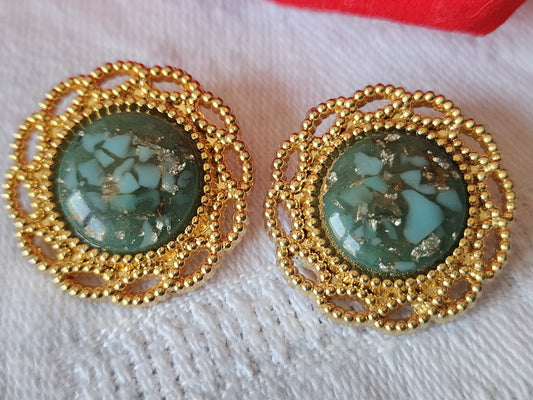 Duo boutons vintage metal coeur bleu moucheté 2,3 cm G17M