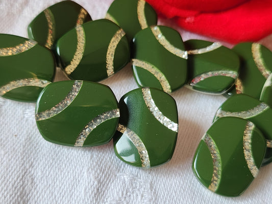 Lot 10 boutons vintage vert inclusion paillette rectangle 1,3 / 1,7 cm ref 3372