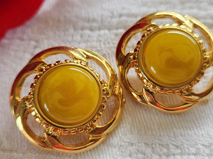 Duo boutons vintage métal coeur jaune moucheté 2,6 cm lourd doré D17P