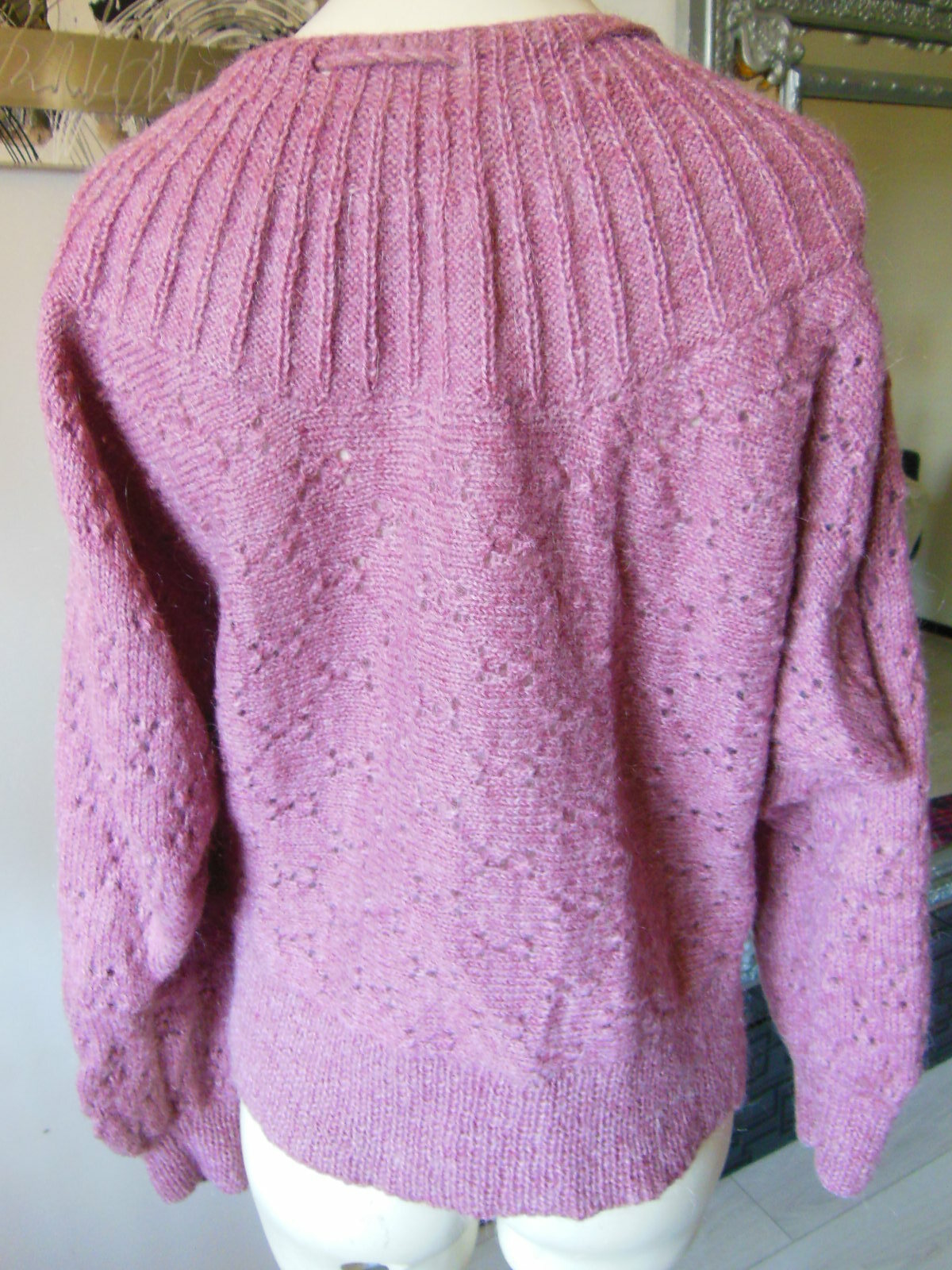 Pur vintage pull vieux rose laine manches chauve souris B1