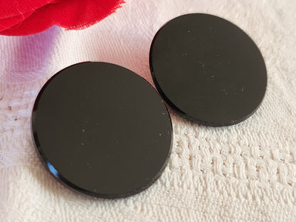 Duo gros boutons anciens en verre brillant noir lisse jais 2,6 cm ou 26 mm D14G