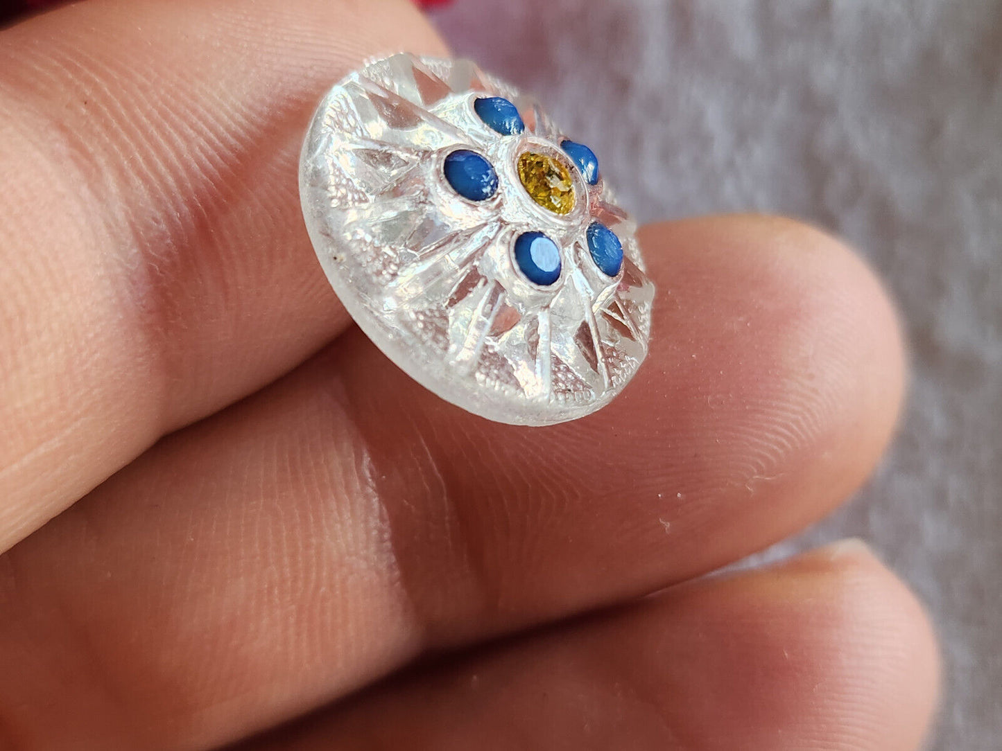 Bouton ancien en verre avec strass jaune bleu à pied bijoux   1,7 cm G10C