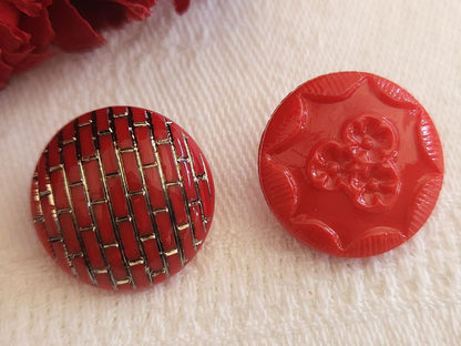 Duo boutons vintage en verre motif rouge 1,8 cm D15E