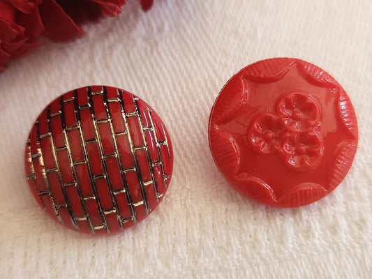 Duo boutons vintage en verre motif rouge 1,8 cm D15E
