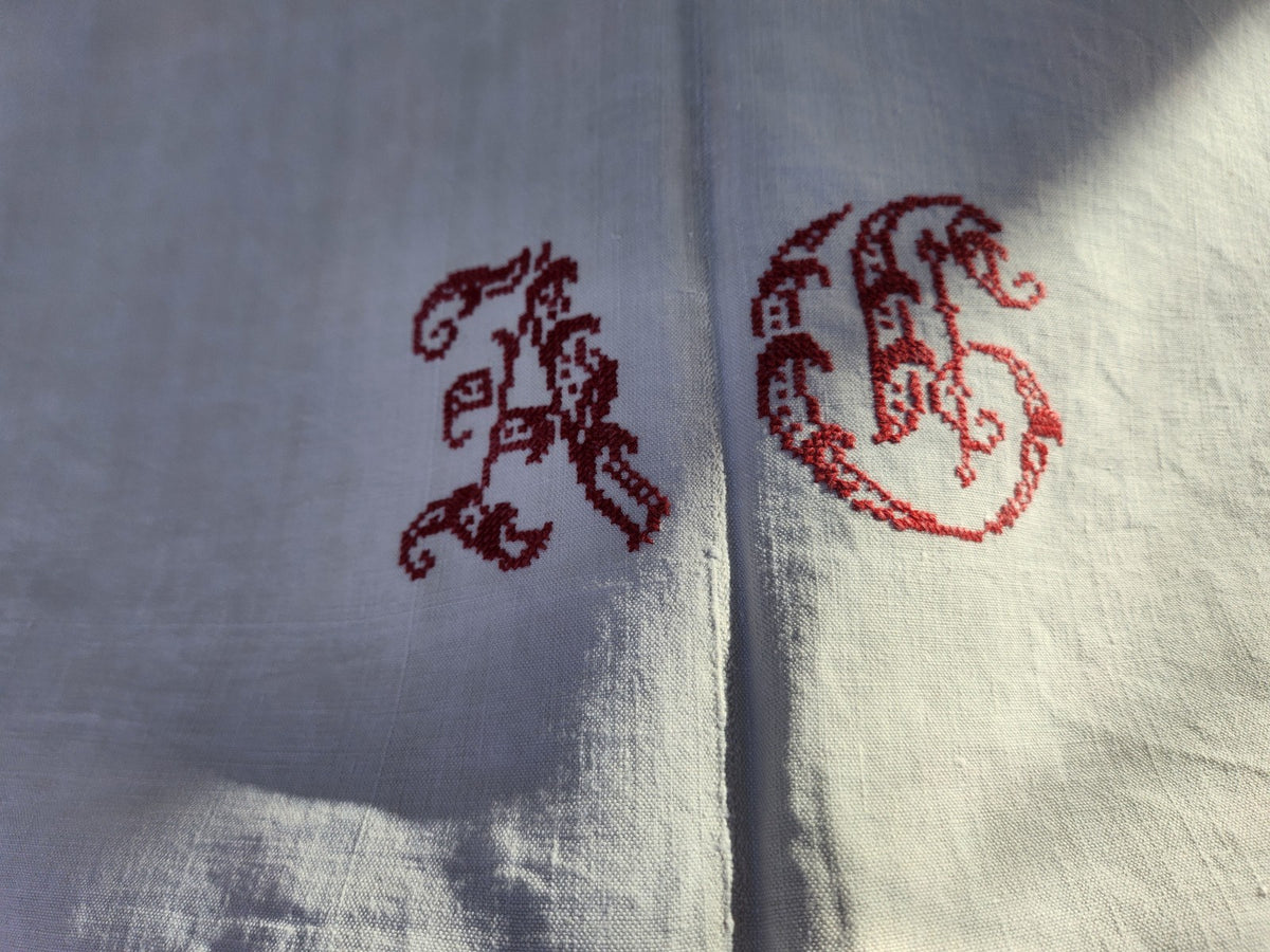 Ancien grand drap toile monogramme point de croix rouge original toile B6