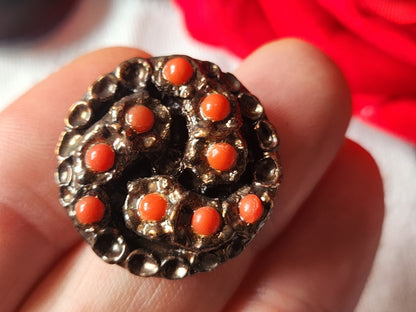 Gros bouton en résine bronze perle  orange vintage pied 2,5 cm ref 5130