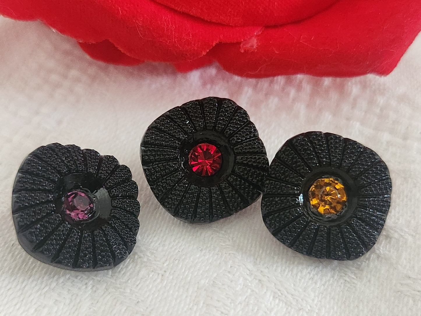 Trio bouton vintage en verre strass marguerite noir 1,6 cm ou 16 mmG19