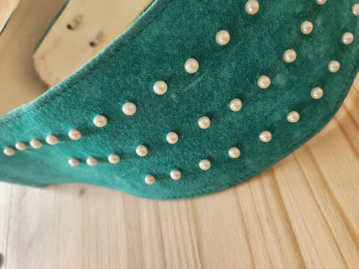 Ceinture ancienne vintage daim vert d'eau superbe perléB8