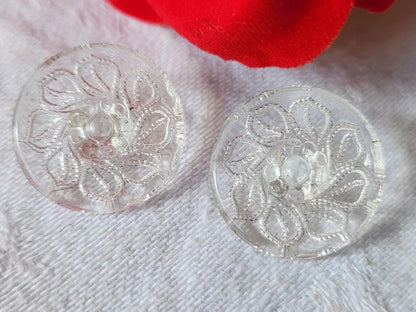 Duo boutons anciens en verre transparent ciselé fleur 1,9 cm D12E