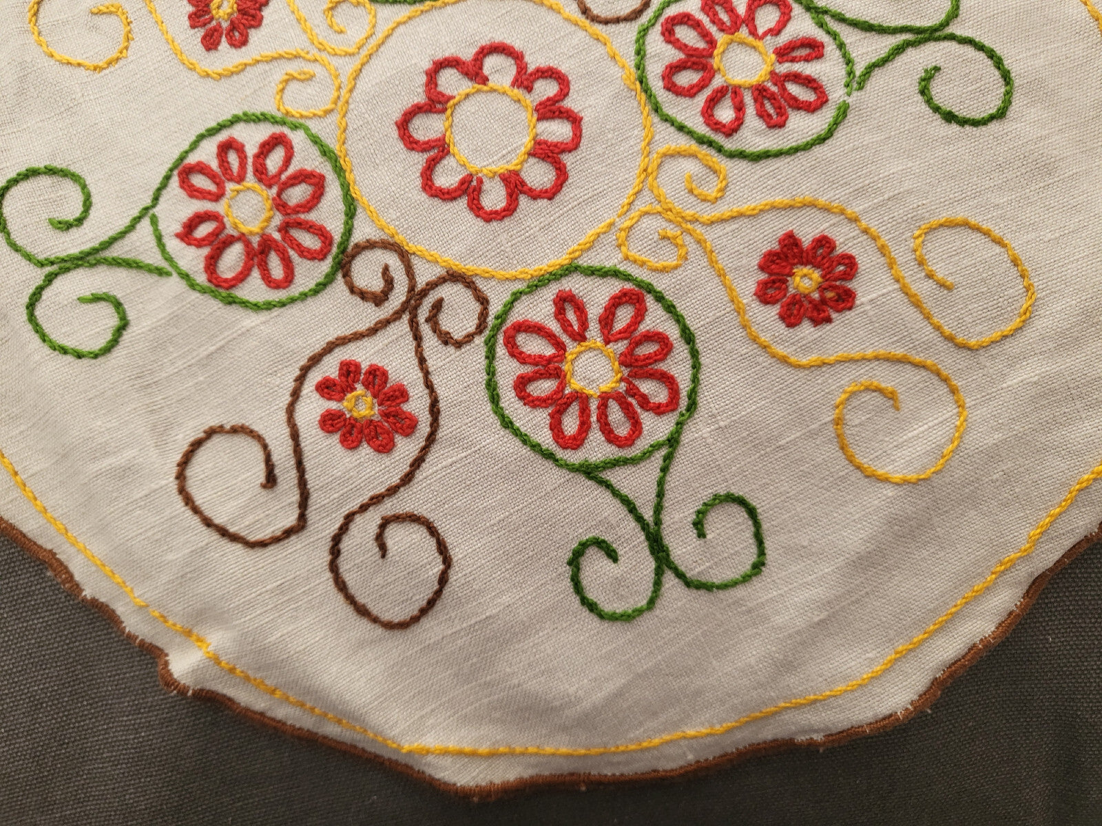 Napperon ancien ou centre de coussin broderie main toile 26,5 cm B6-24