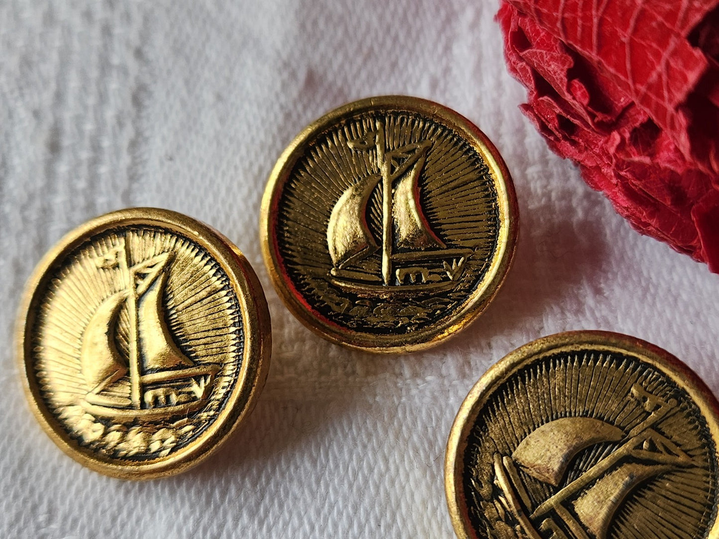 Trio boutons vintage en métal doré theme marin bateau voilier 1,8 cm G13L