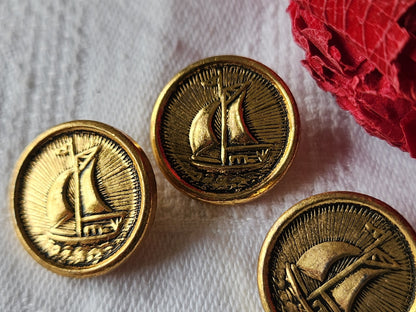 Trio boutons vintage en métal doré theme marin bateau voilier 1,8 cm G13L