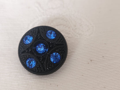 Bouton ancien en verre noir avec strass bleu vintage  1,8 cm D18A