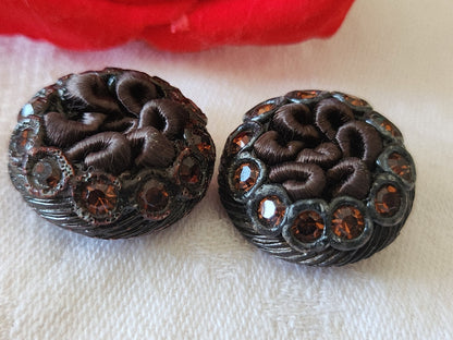 Duo bouton vintage résine et passementerie marron strass verre 2,3 cm G2G