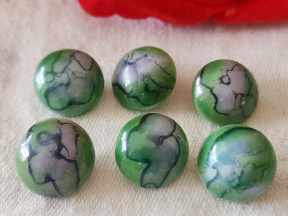 Lot 6 boutons vintage en verre bleu vert marbré ancien 1,5 cm ref 6446