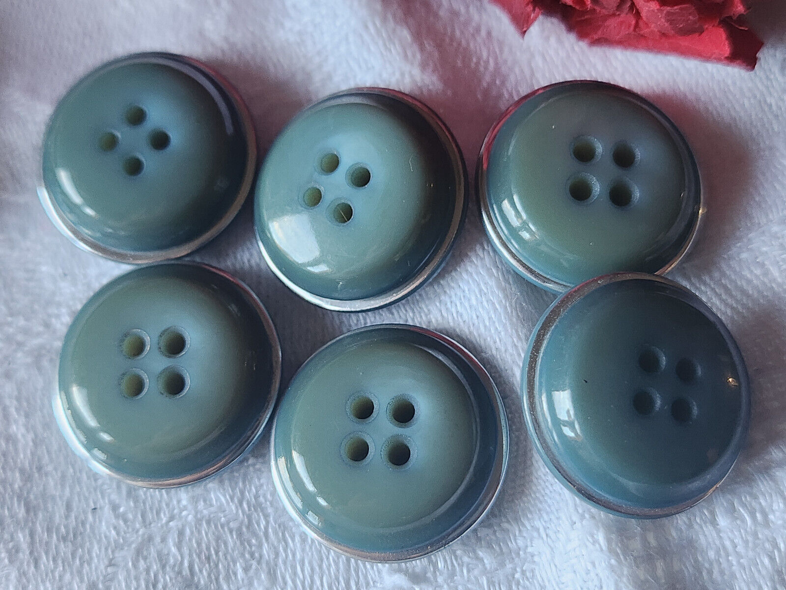 Lot 6 boutons vintage bleu argenté trous bombé 2,1 cm ref 2370