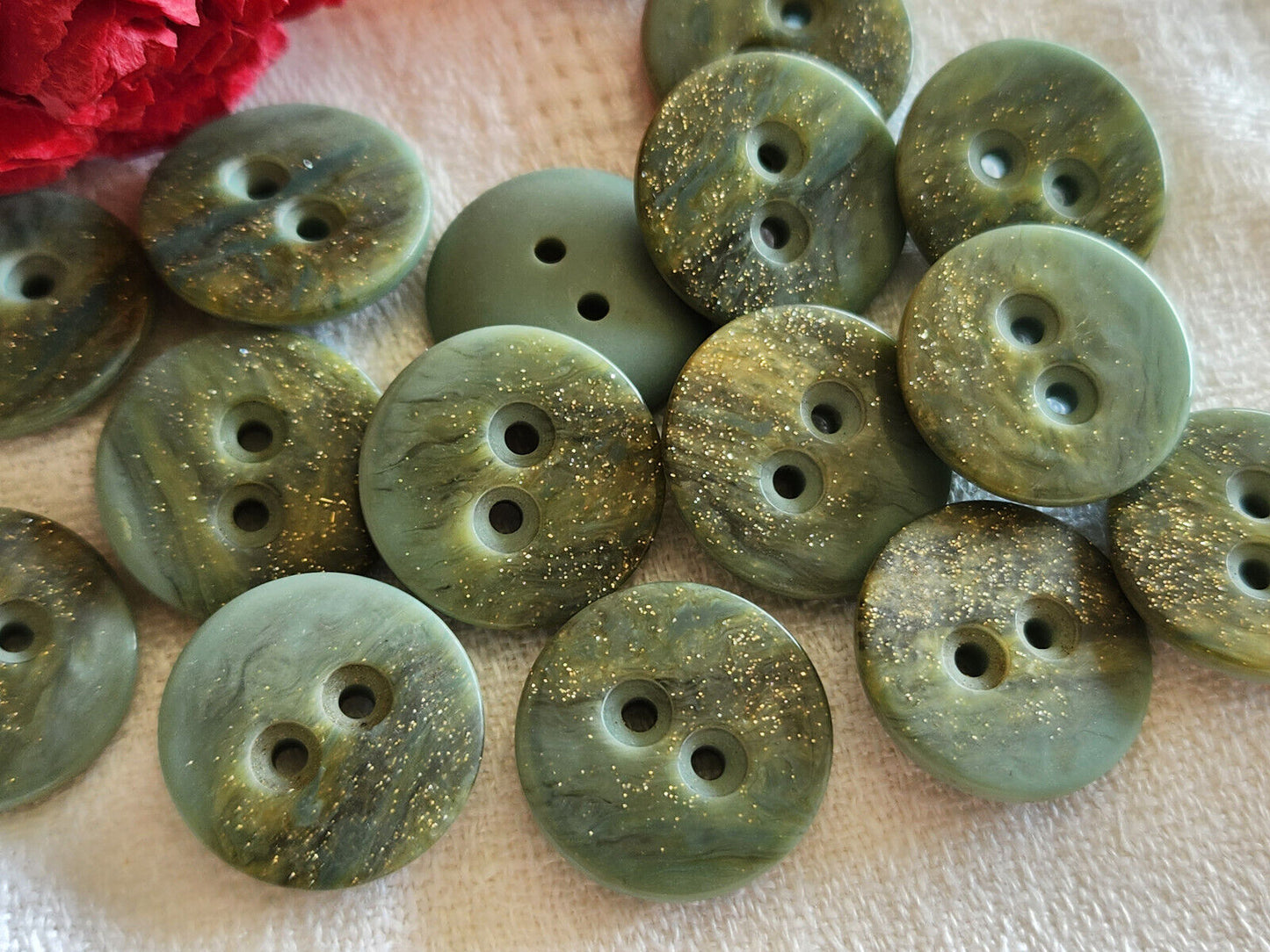 Lot 22 ou 14 boutons vintage vert gris paillette doré 1,5 cm ou 1,8 cm