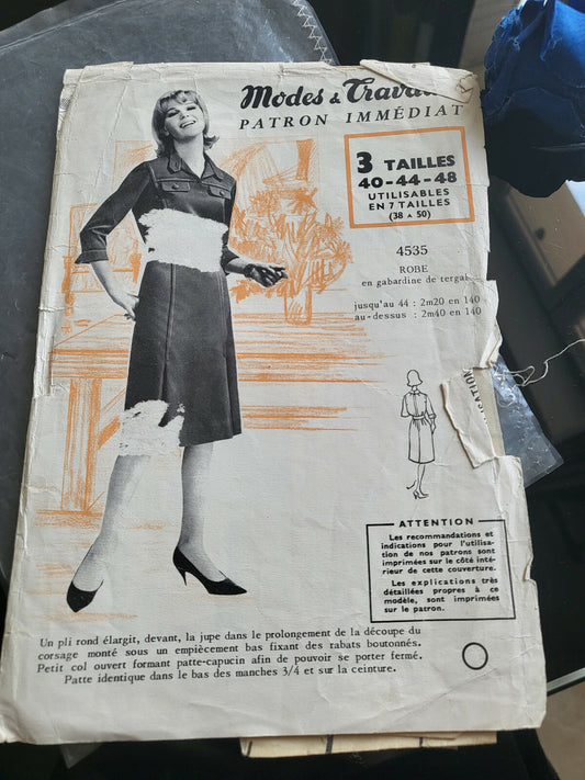 Patron ancien robe manche 3/4 col patte taille 40 44 48 immédiat
