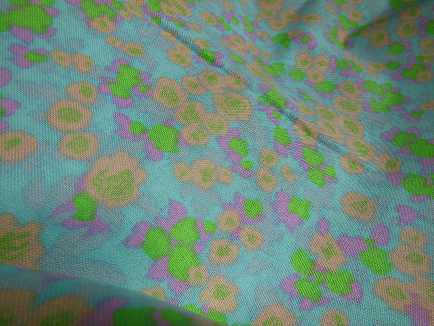 Ancien coupon tissu vintage bleu vert saumon fleur 1 m 90 sur 1 mètre B6