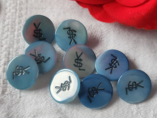 Lot 9 boutons vintage en nacre bleu YSL 1,4 cm pied panaché  ref 4871