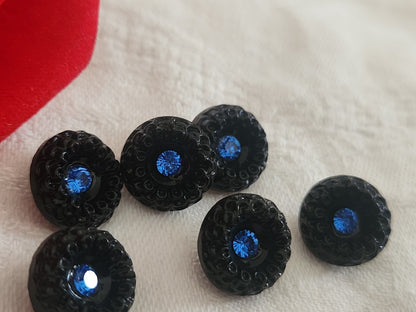Lot 6 boutons vintage en verre noir avec strass bleu 1,3 cm ref 6364
