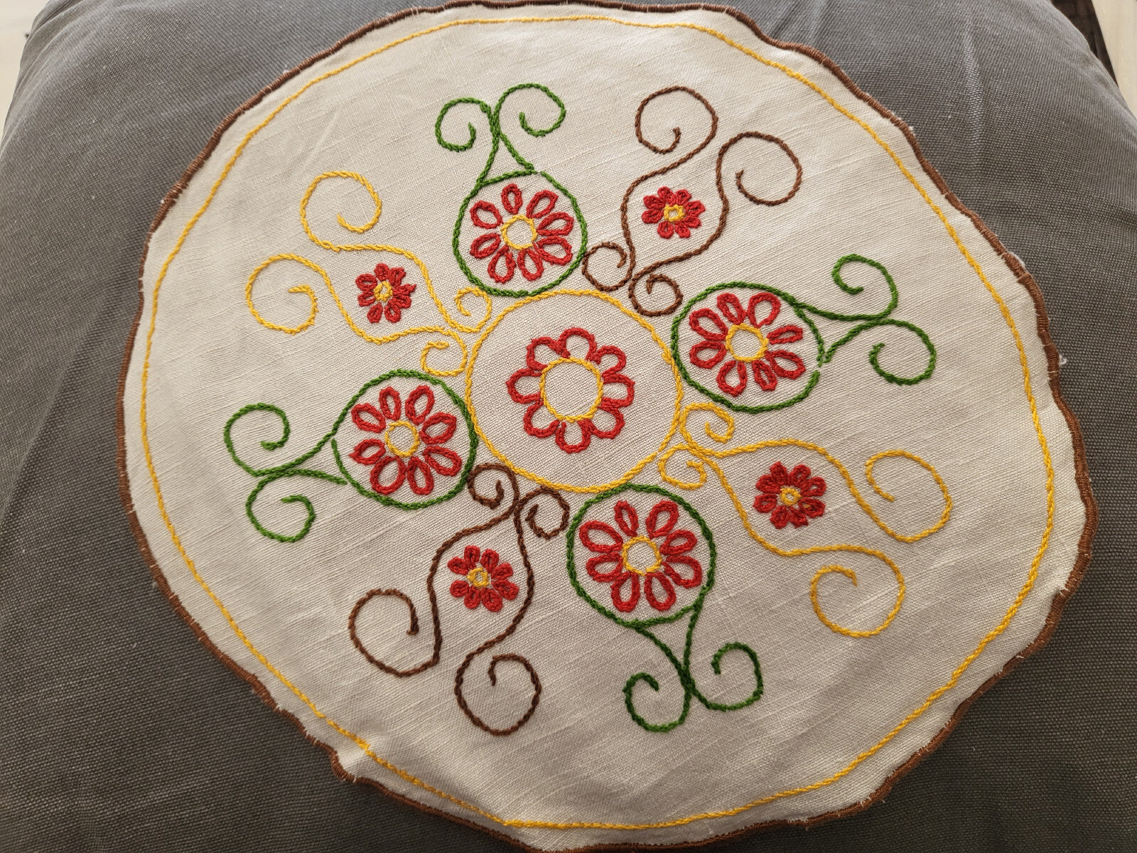 Napperon ancien ou centre de coussin broderie main toile 26,5 cm B6-24