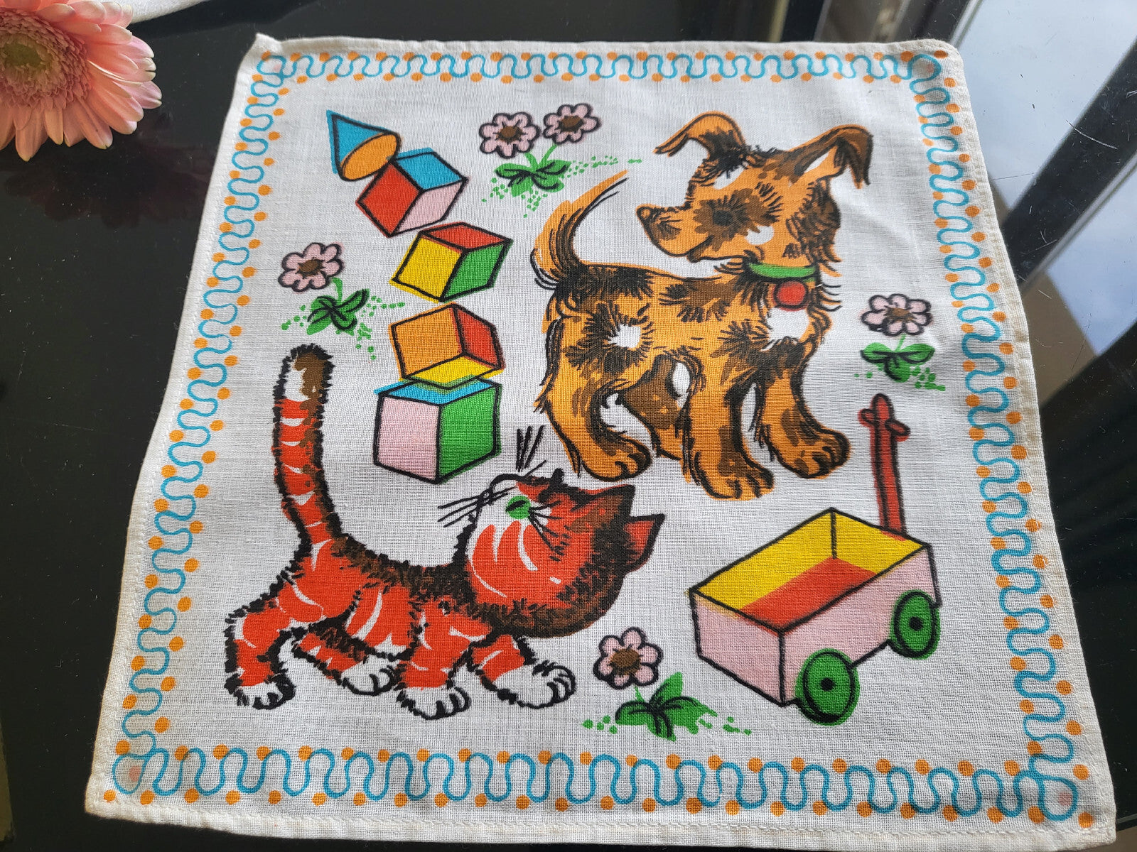 Mouchoir ancien neuf vintage enfant année 60/70 chaton chien coton B4-1
