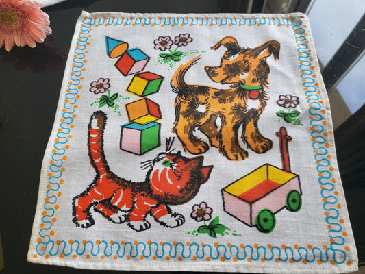 Mouchoir ancien neuf vintage enfant année 60/70 chaton chien coton B4-1