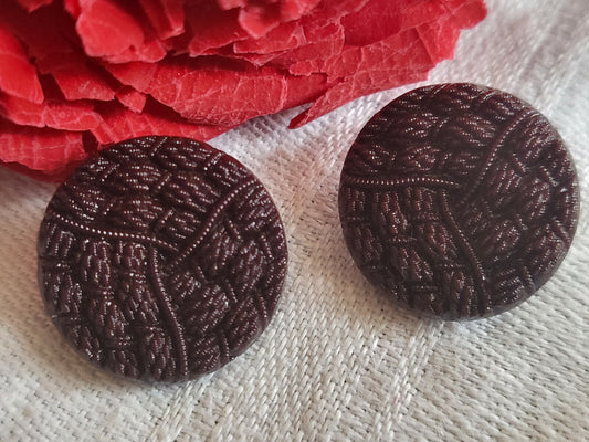 Duo boutons anciens en verre marron chocolat effet tissé 1,7 cm G12J